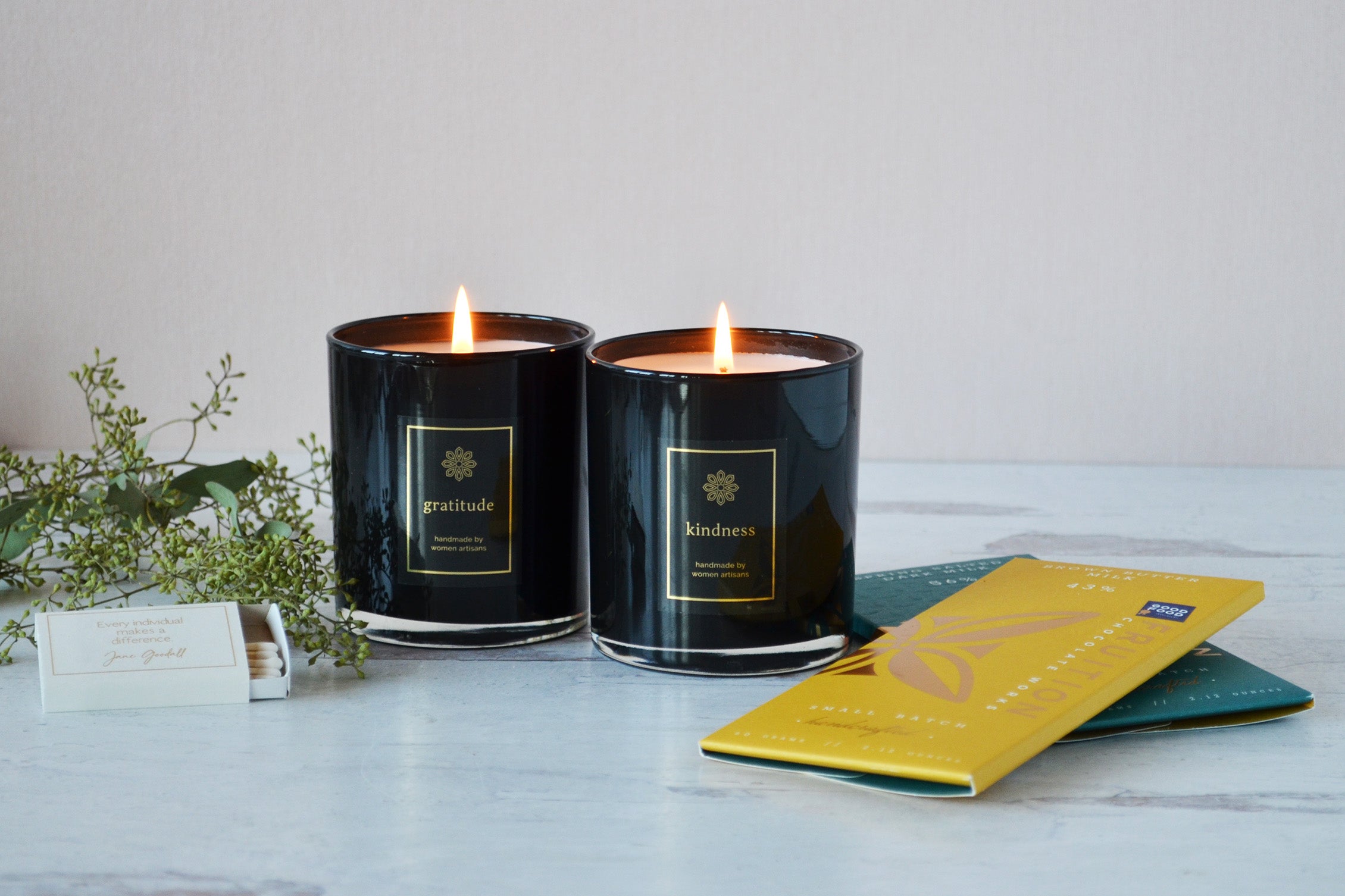 Artisanal Chocolate Gift Set with Orange Blossom &amp; Cedar Scented Candles