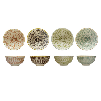 Stoneware Bowl w/ Pattern, 4 Colors, 2 Styles